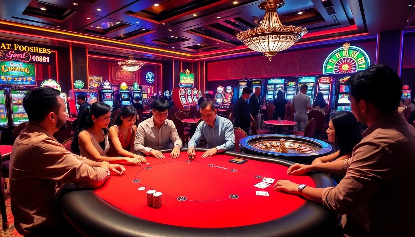 Nạp tiền King88 highlights an exciting poker table in a luxurious casino with vibrant lights and eager players.
