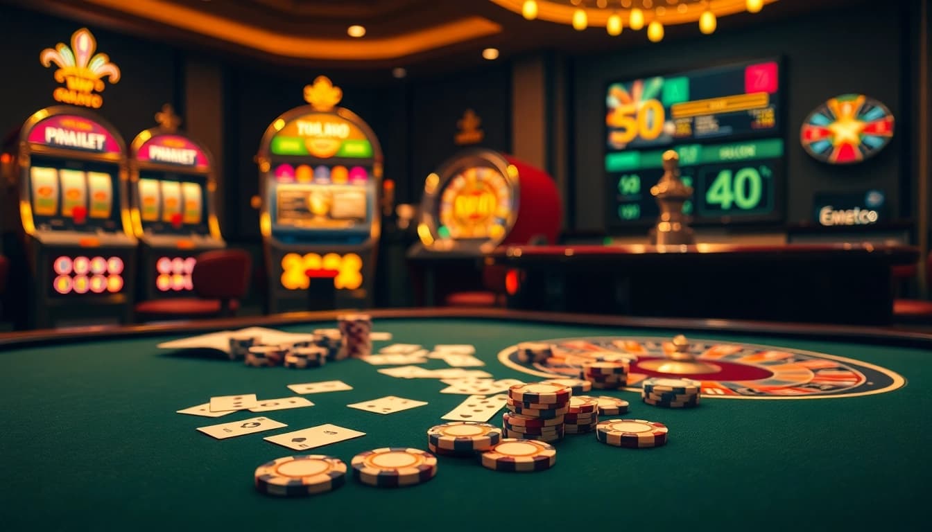 Emastoto offers a thrilling online casino experience with vibrant poker chips and cards.