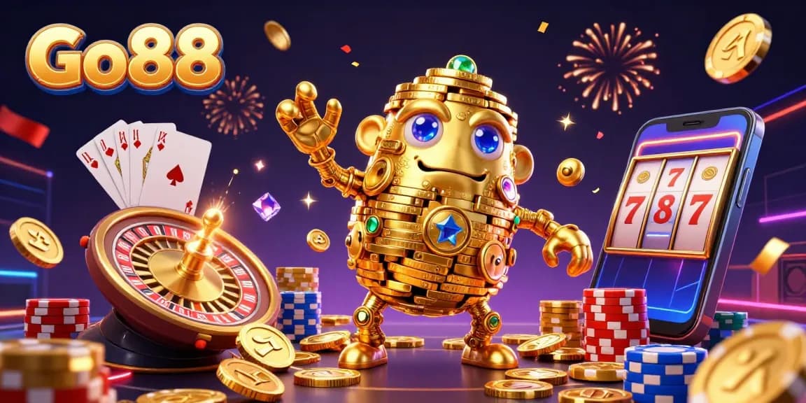 Experience the thrilling world of Go88 as a golden golem embodies the excitement of casino gaming.