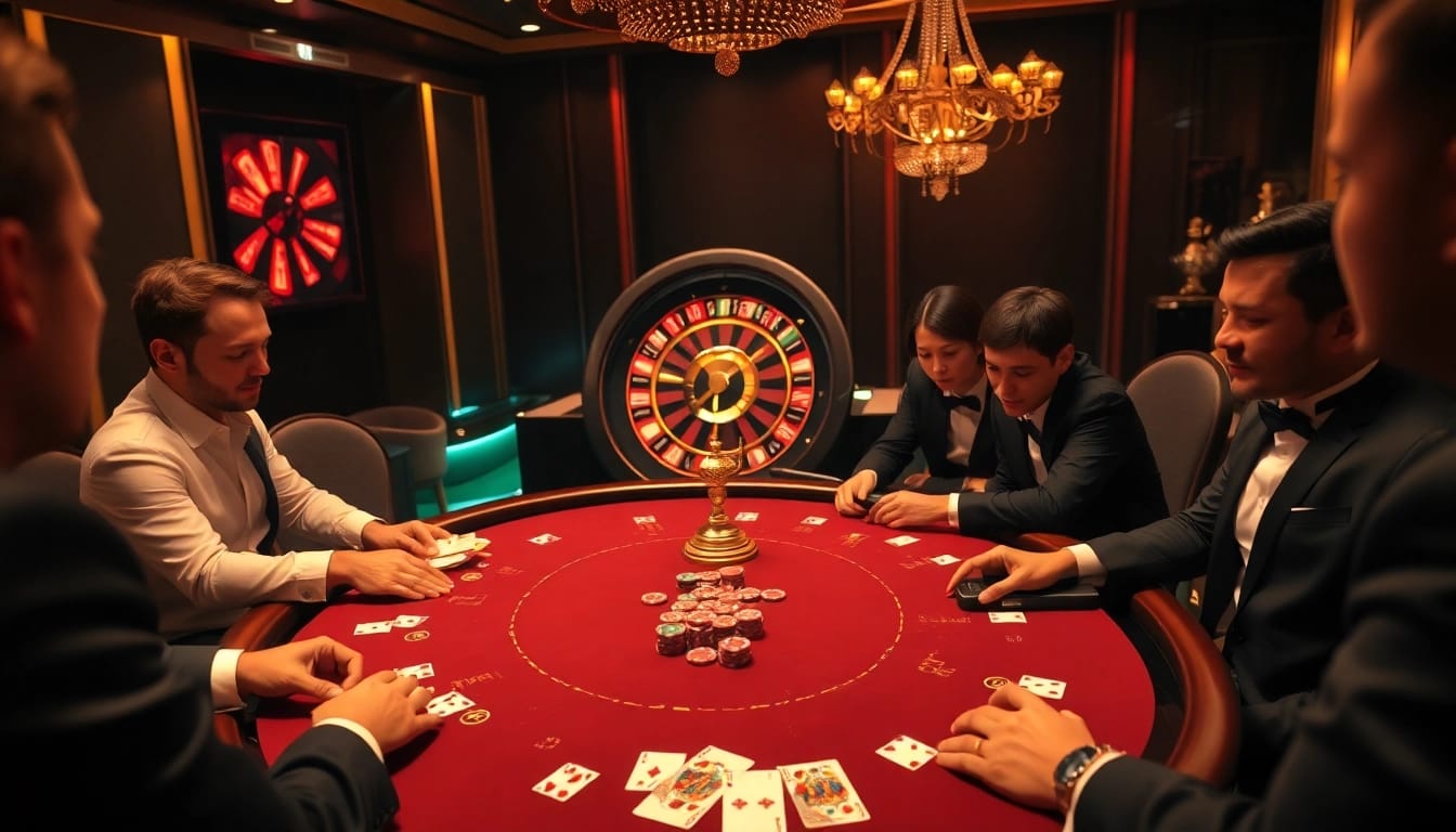 Exciting casino experience at 68VIP with poker players and a roulette wheel in focus.