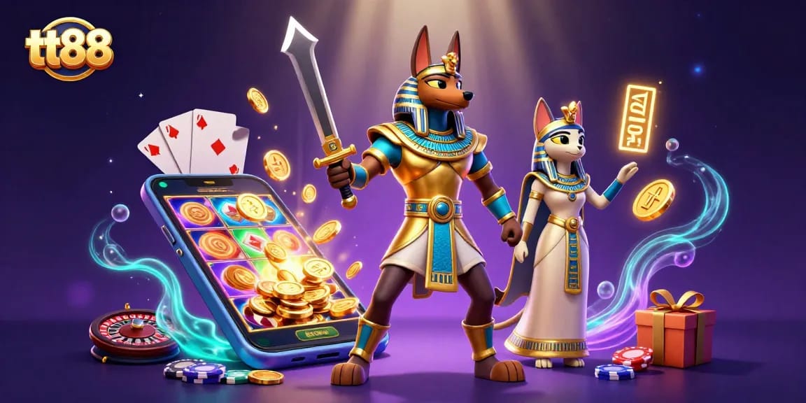 Experience exciting gaming with tt88 featuring an Egyptian warrior and sacred cat amidst casino elements.