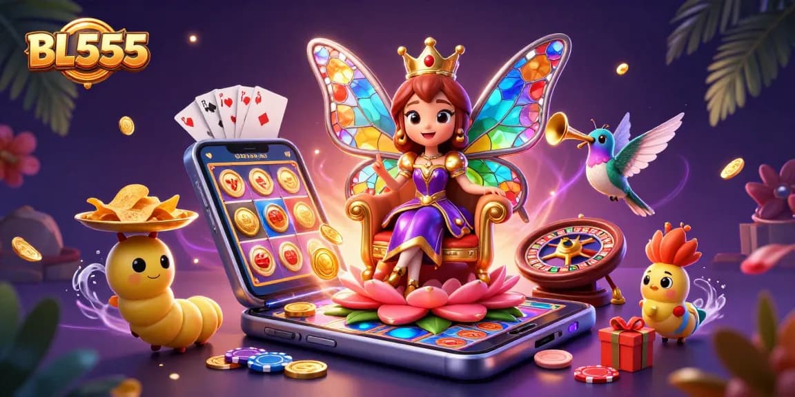 Experience thrilling rewards at BL555 with an enchanting butterfly queen and vibrant casino elements.