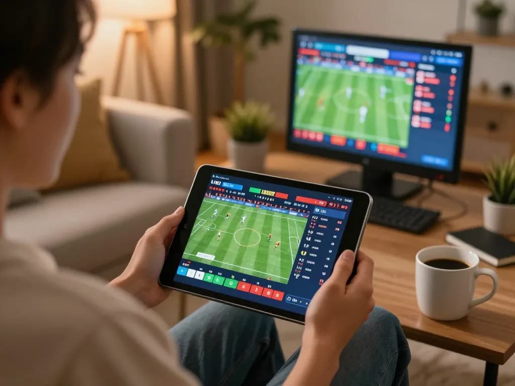 Engaging in sports betting on a tablet at home with uk88 live odds displayed.