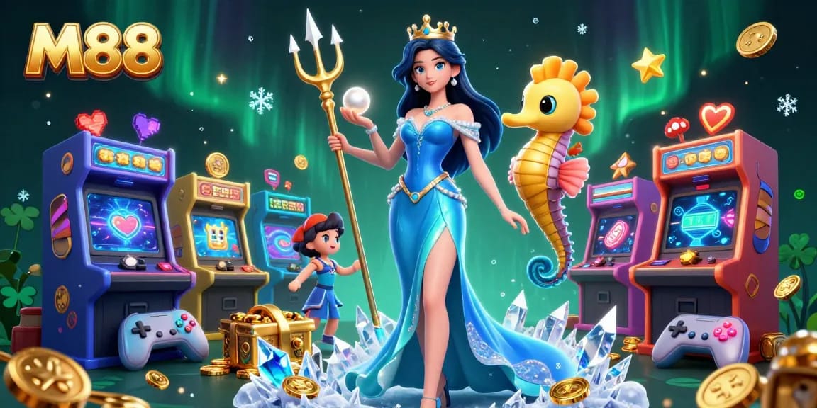 Experience the thrill of M88 with vibrant underwater treasures, arcade games, and shimmering elements.