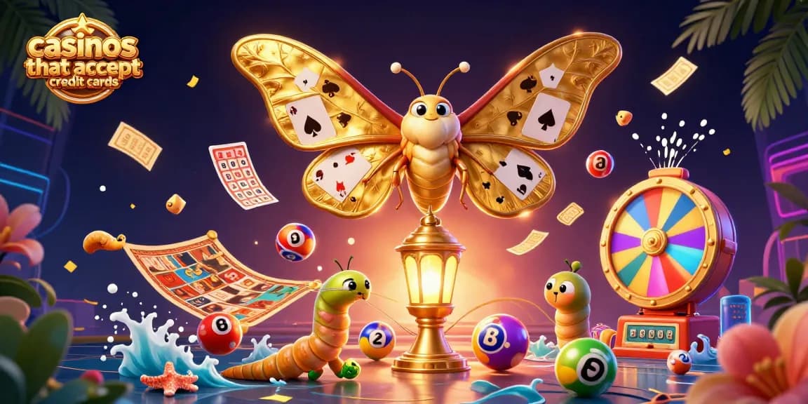 Engage with casinos that accept credit cards featuring a 3D cartoon moth and vibrant gaming elements.