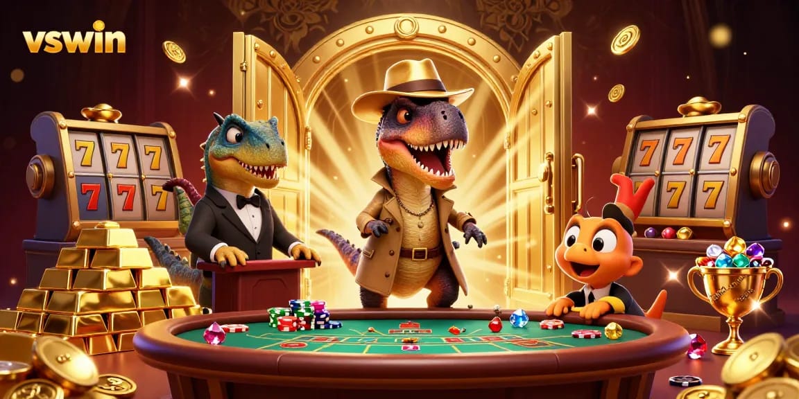 Experience thrilling gambling action with vswin featuring a cunning velociraptor and a suspicious pit boss in a vibrant casino.