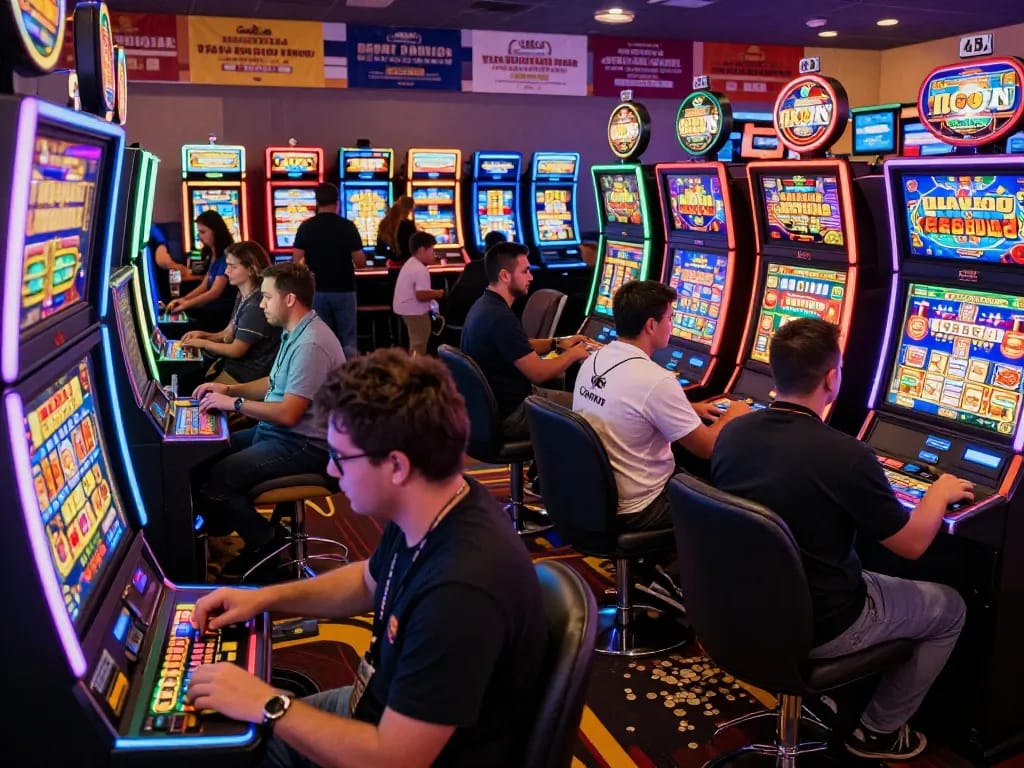 Players enjoying diverse slot machines at 45X, showcasing excitement and vibrant casino atmosphere.