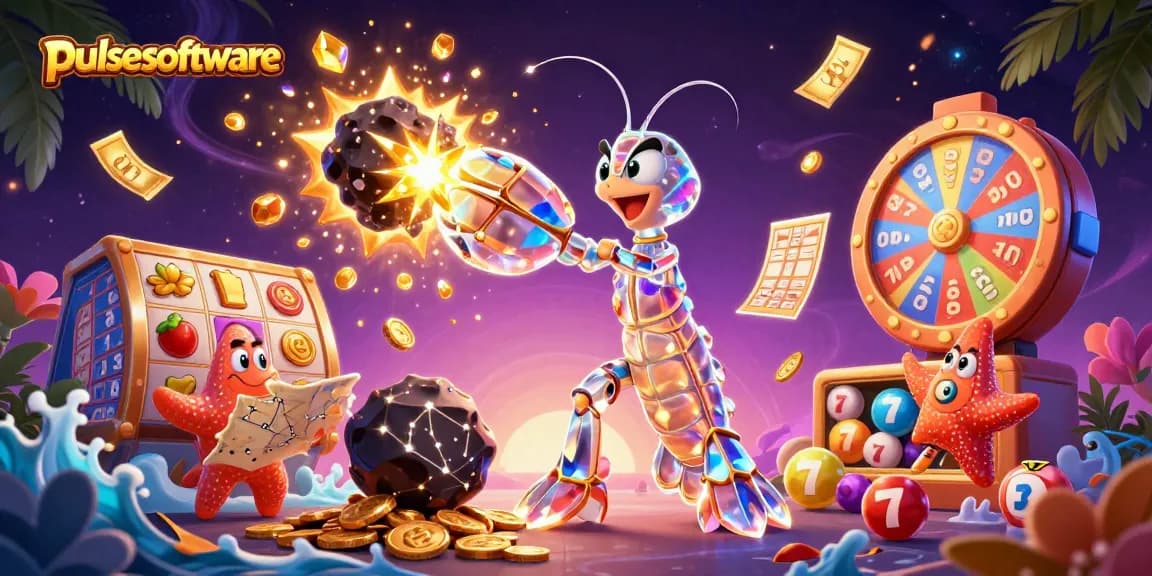 Experience pulsesoftware's vibrant gaming energy with a 3D scene of galactic characters amidst slot reels and sequined prizes.