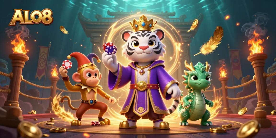 Experience thrilling gameplay at ALO8 with dynamic casino characters in a vibrant 3D illustrated scene.