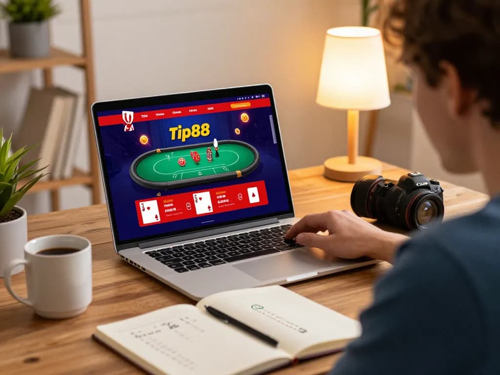 Placing bets using the tip88 casino app on a laptop at home.