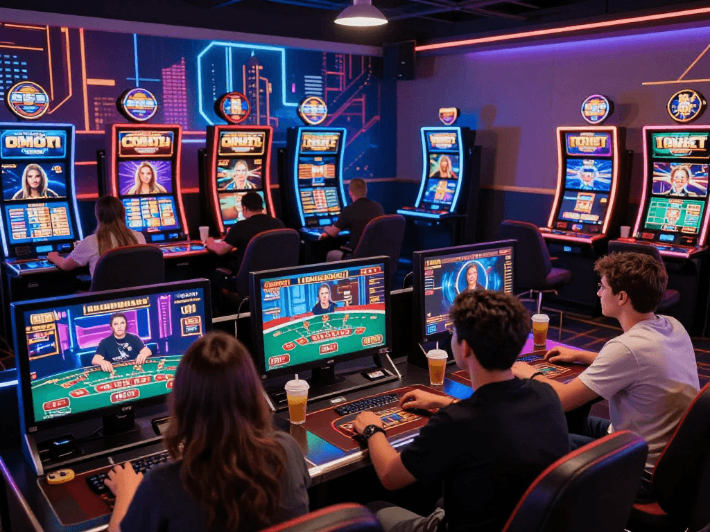 KOMBET168 online casino gaming scene with players enjoying digital blackjack and slot machines in a vibrant atmosphere.