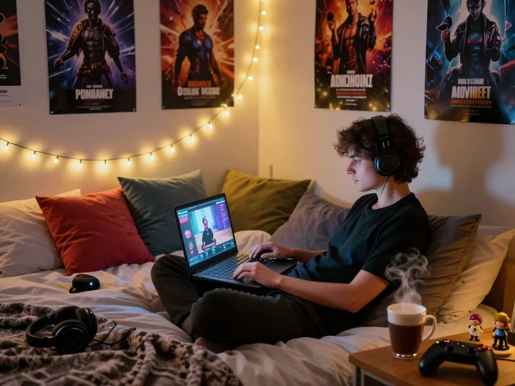 Person enjoying immersive porn games on a laptop in cozy bedroom, showcasing an inviting gaming atmosphere.