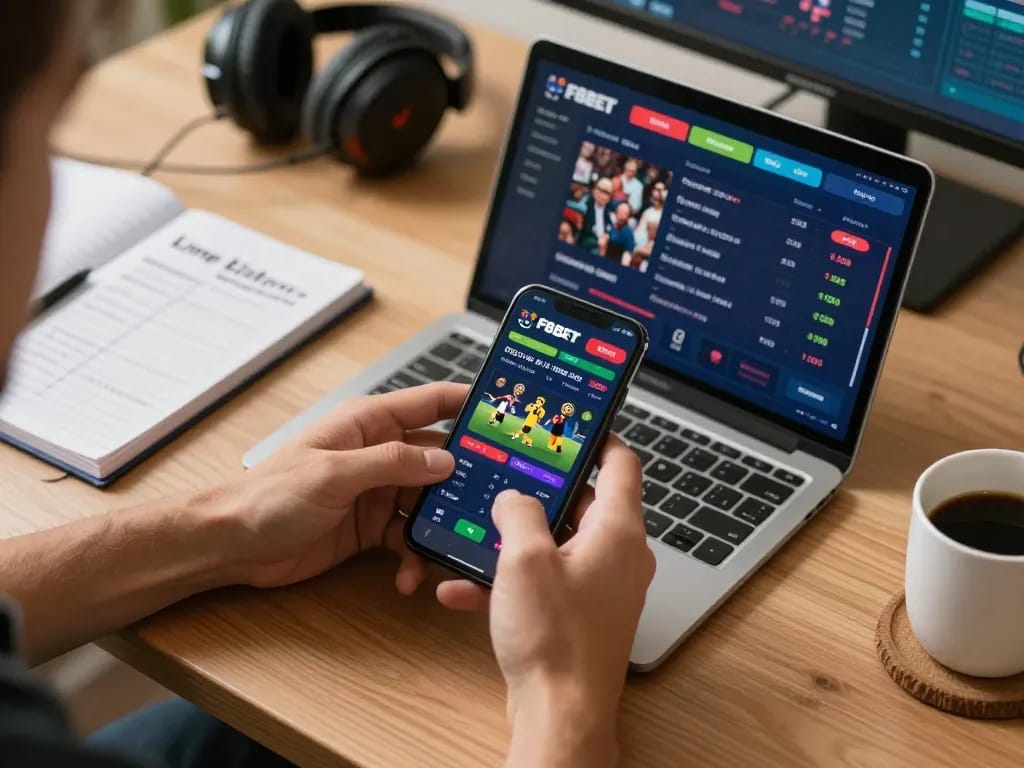 Betting on F8BET app at home with smartphone showing live odds and events