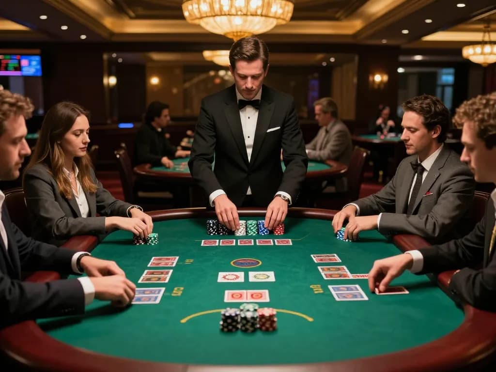 gbong players engaged at an elegant blackjack table, showcasing strategic gameplay and luxury casino atmosphere