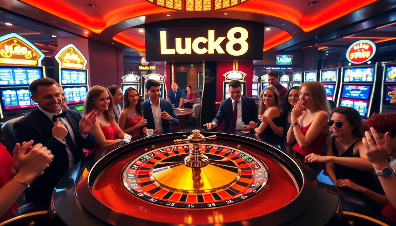 Exciting scene of gamblers enjoying high-stakes play at Luck8 casino tables.
