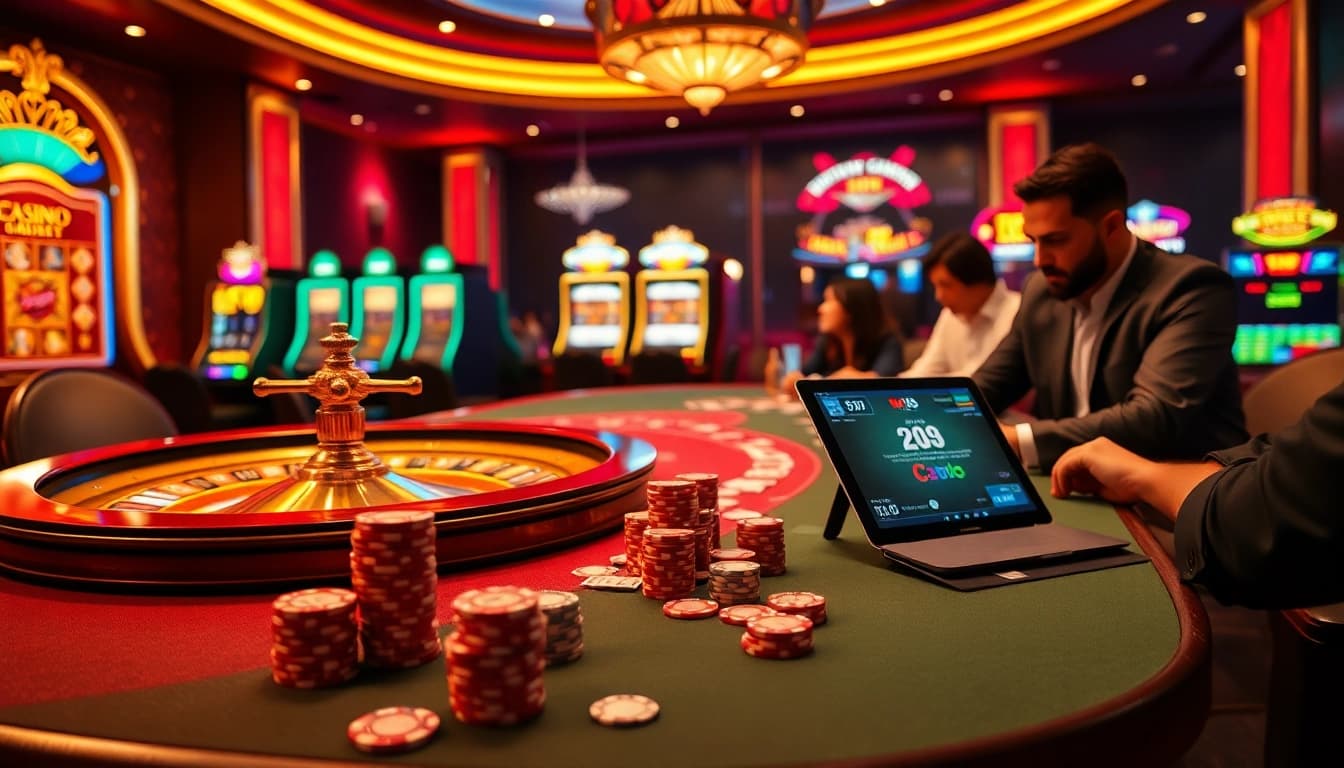 Experience the thrill of betting at https://co88us.net/ with colorful casino tables and poker chips.