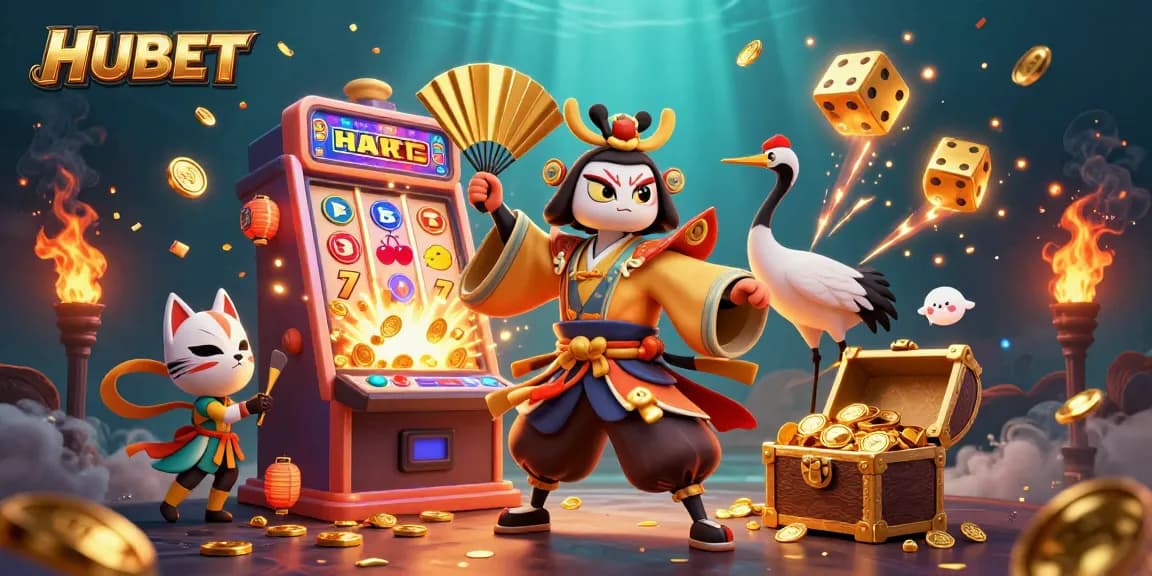 Experience thrilling gameplay at HUBET with a vibrant casino scene featuring free coins and slot machines.