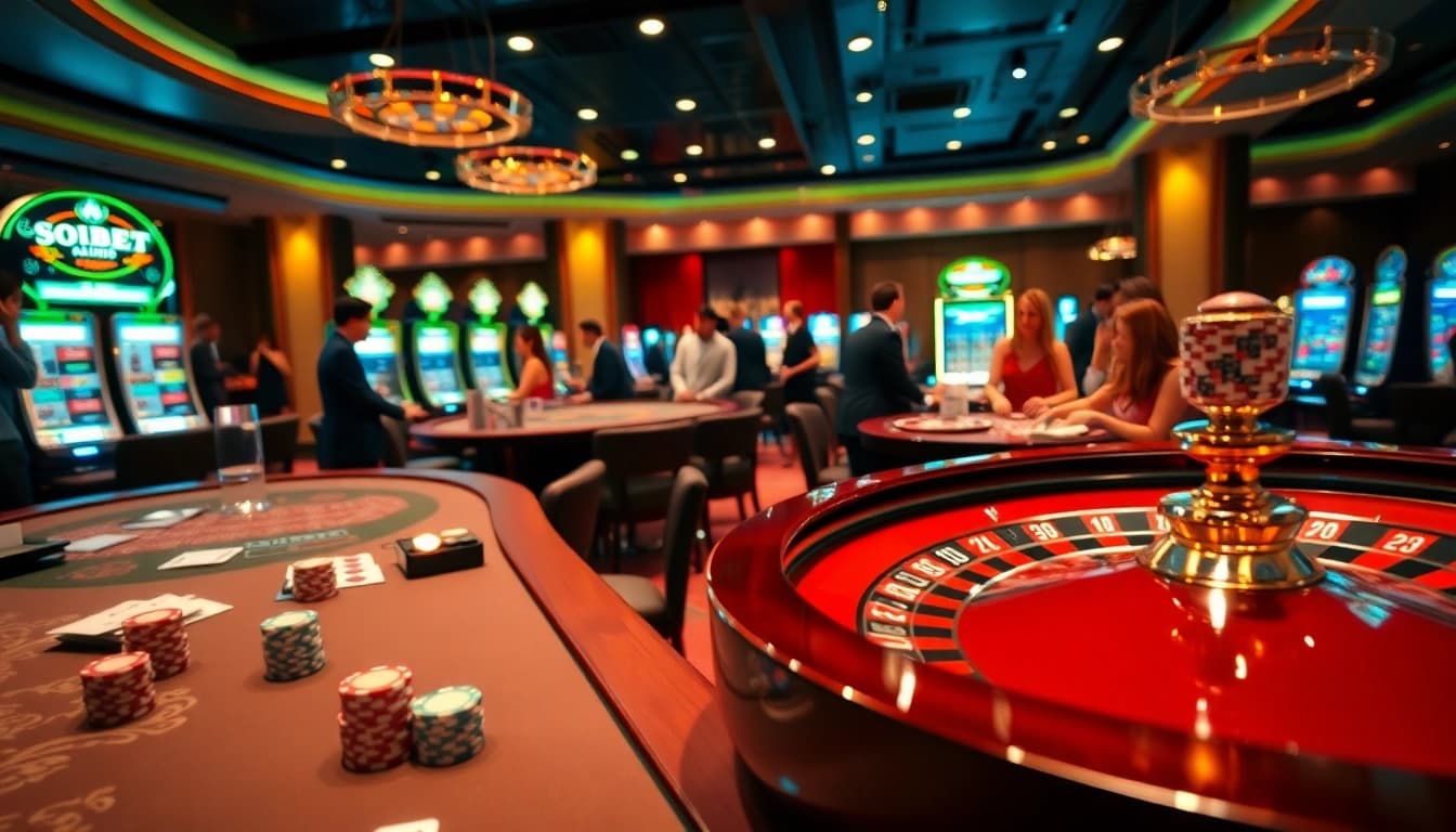 Engaging players at soibet with luxury casino elements like poker tables and slot machines.