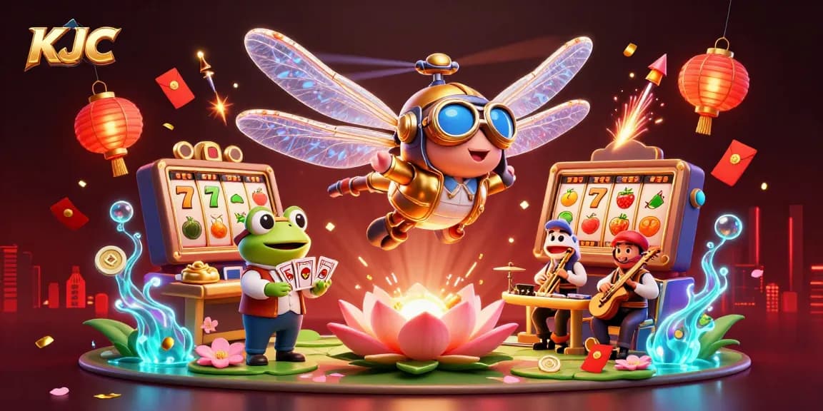 KJC showcases a dynamic scene with a dragonfly pilot and frog croupier at an engaging lily pad casino.