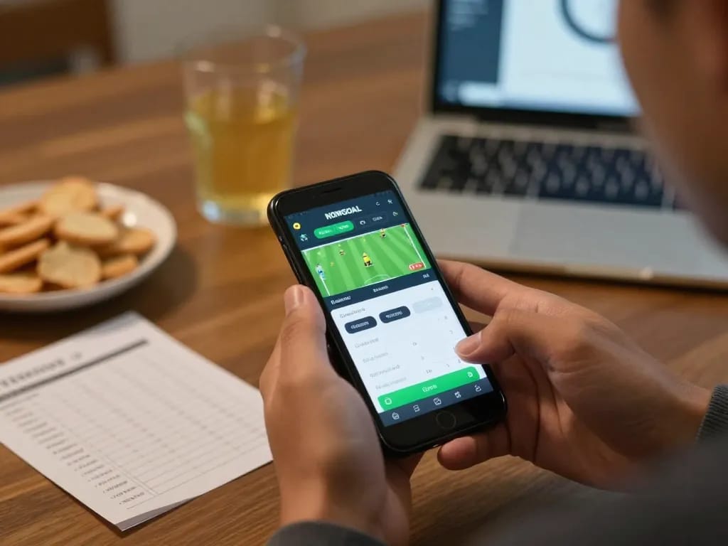 Engaged user placing bets on NOWGOAL mobile app in comfortable home setup.
