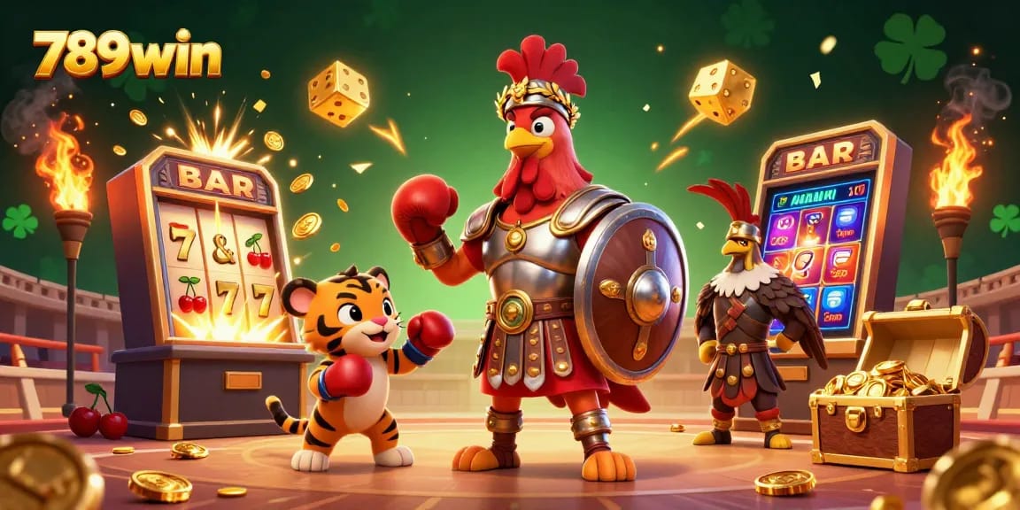 Spin and win at 789win with an action-packed casino scene of a gladiator rooster and dynamic gaming elements.