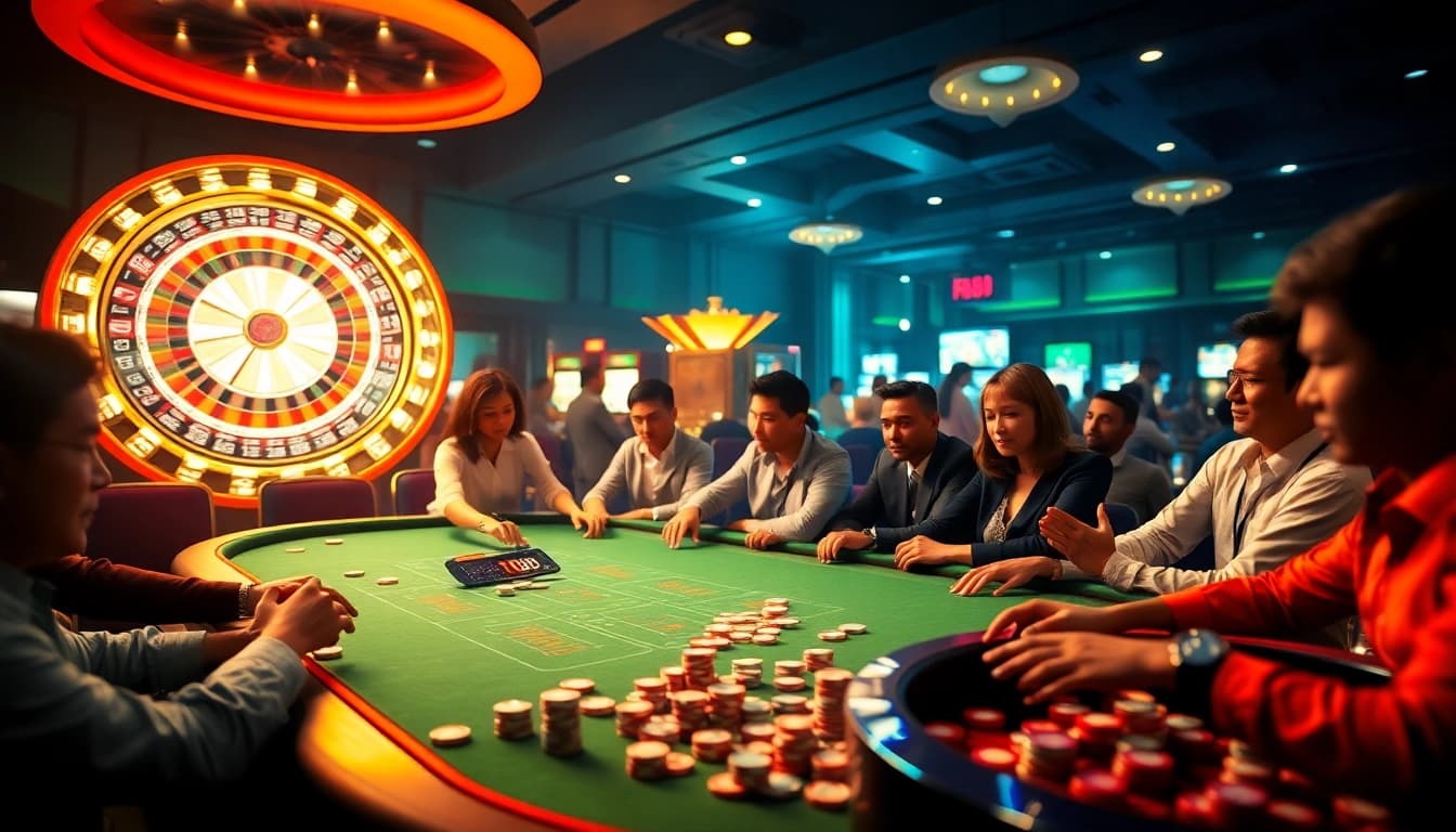 tr88 gamblers engaging at an exciting poker table with vibrant casino elements
