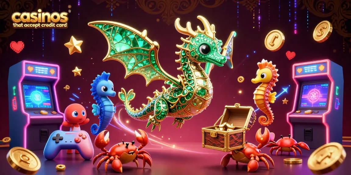 Experience the vibrant world of casinos that accept credit card with a dazzling illustration of an emerald sea dragon amidst arcade elements.
