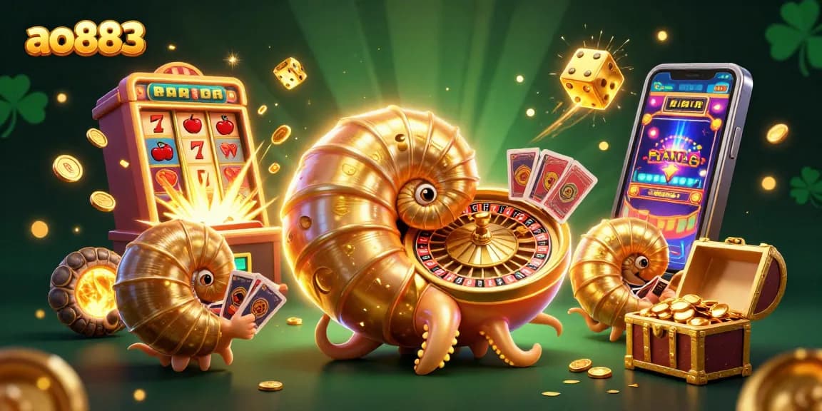 Engage with ao883 at this vibrant casino scene featuring a glowing nautilus roulette wheel and jackpot elements.