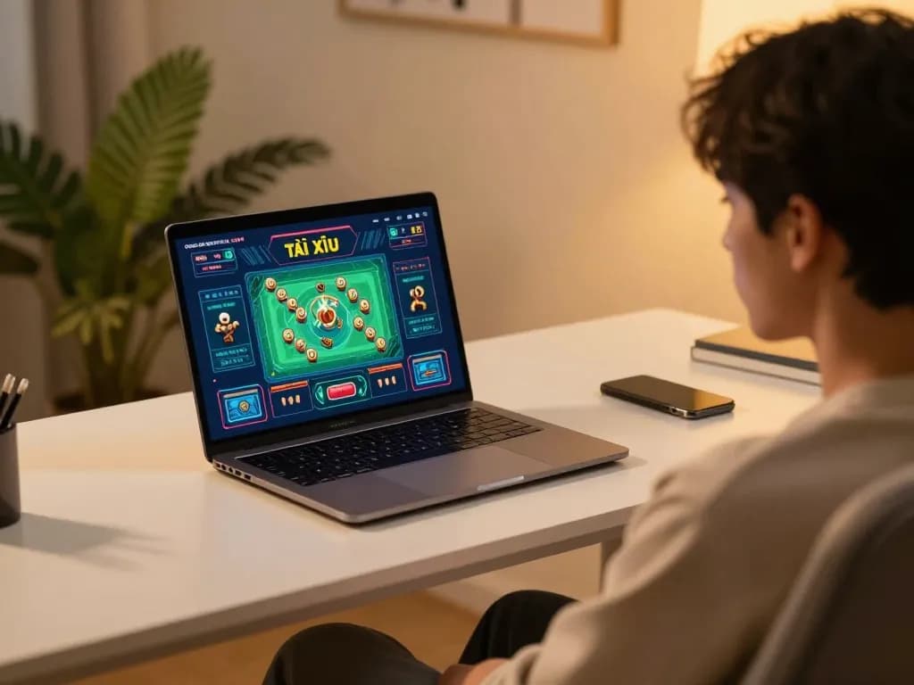 Engaging in Tài Xỉu MD5 online gaming on a stylish laptop, highlighting comfortable home setup.