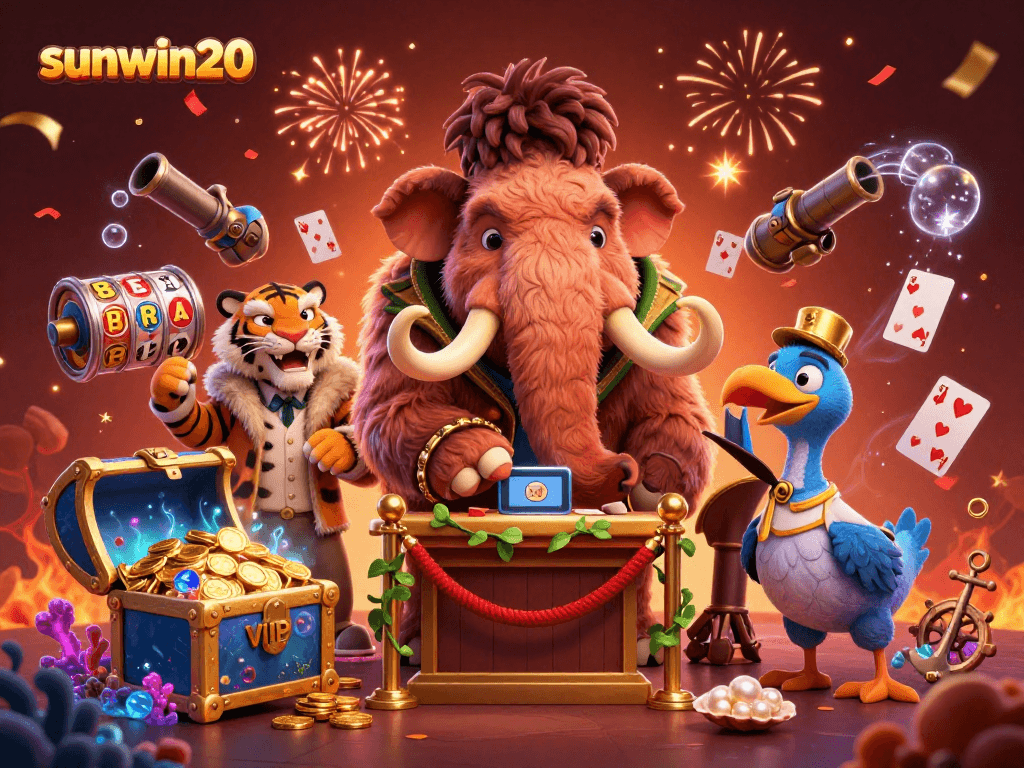 Experience the excitement of sunwin20 with a dynamic casino scene featuring whimsical animals and vibrant gaming elements.