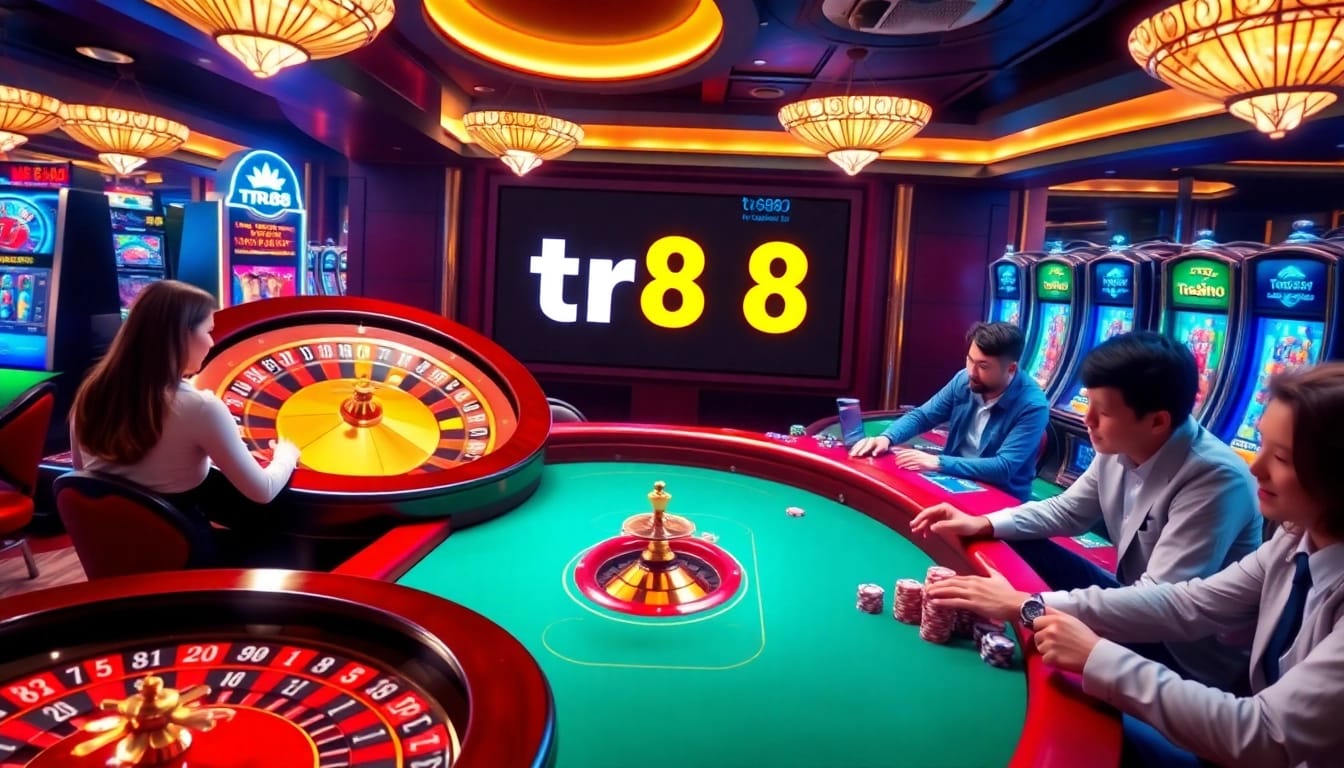 Experience thrilling gaming action at tr88 casino with roulette wheels and vibrant slot machines.