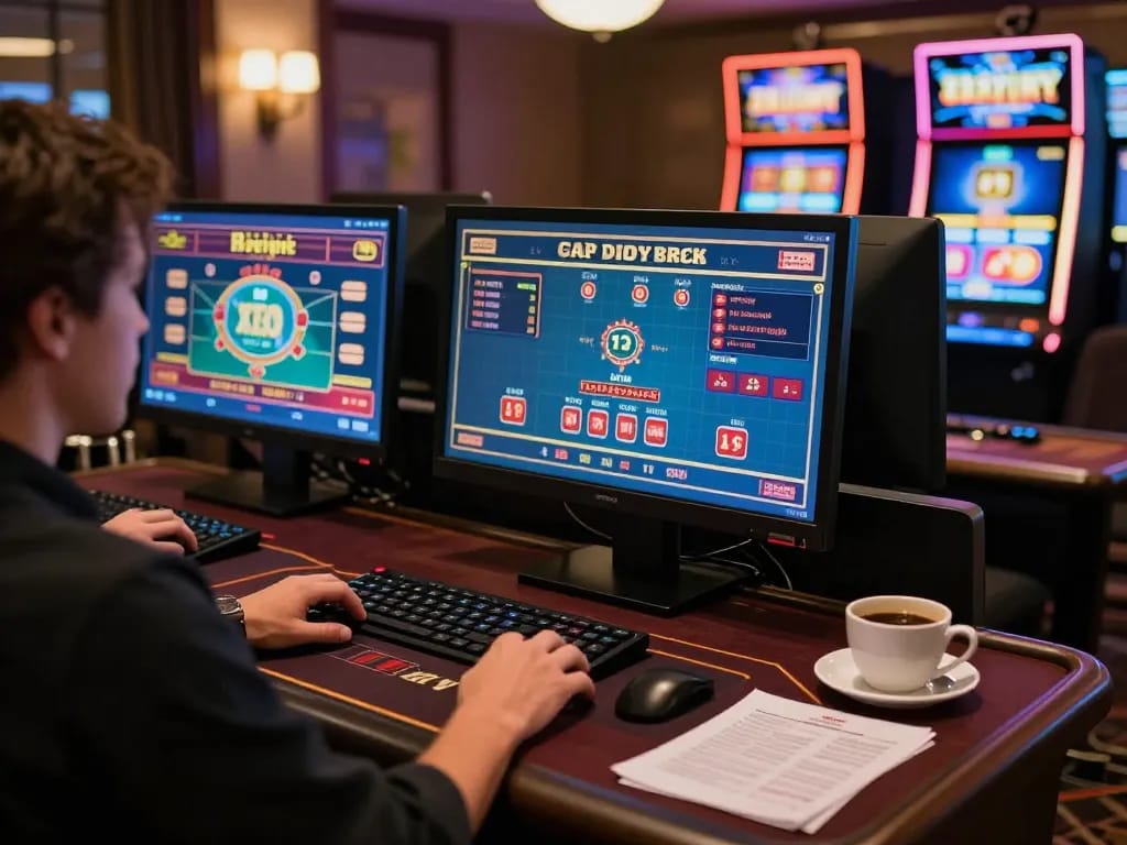 Engaging online gaming experience with NHÀ CÁI EE88 interface displayed on multiple screens in a cozy environment.