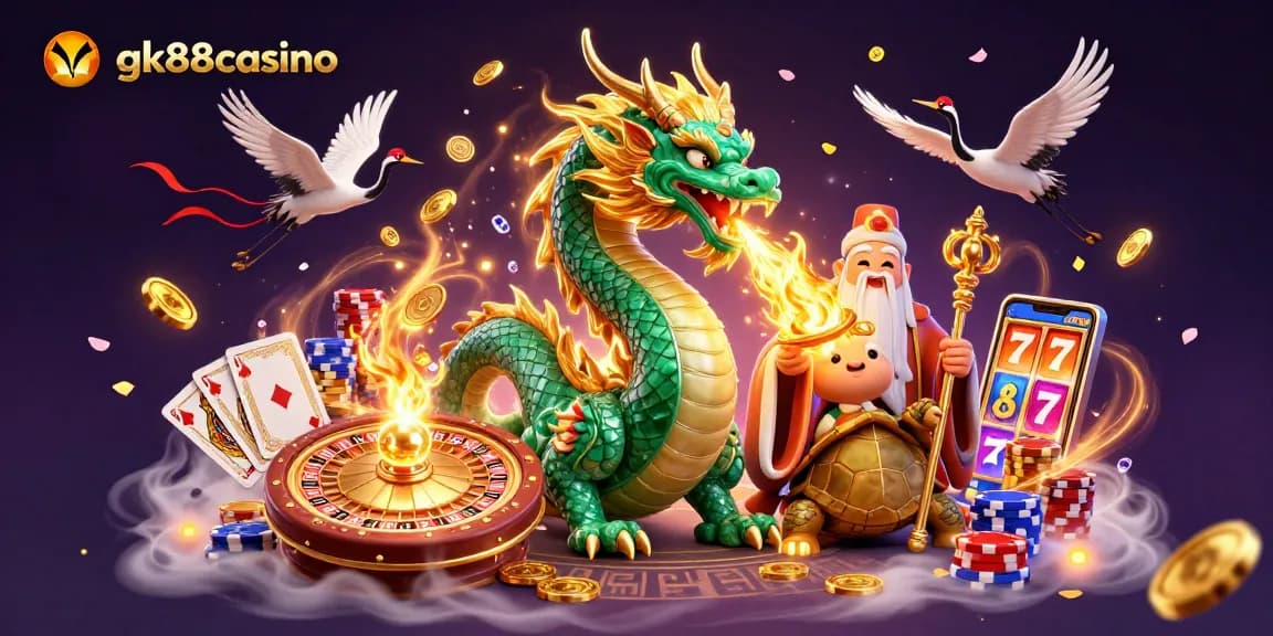 Experience thrill and excitement at gk88casino with a vibrant 3D dragon and lucky symbols.