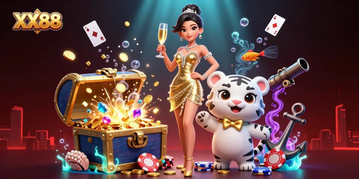 Join the excitement at XX88 with a glamorous woman and a lucky tiger cub celebrating wins!