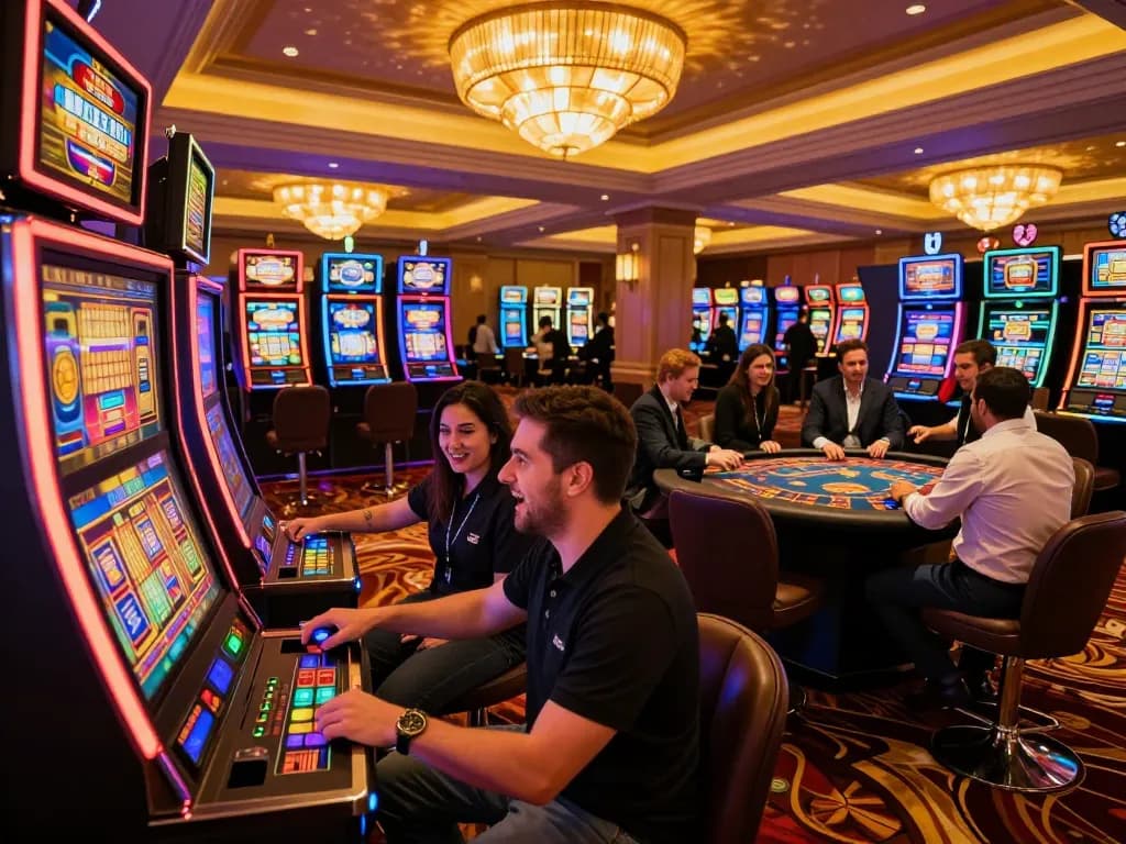 Player enjoying a thrilling moment at a JUN88 slot machine, showcasing vibrant visuals and energy in a luxury casino.