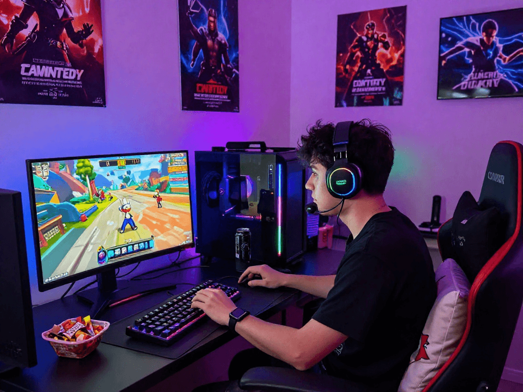 Person playing interactive game sex on desktop surrounded by gaming gear and vibrant lighting.