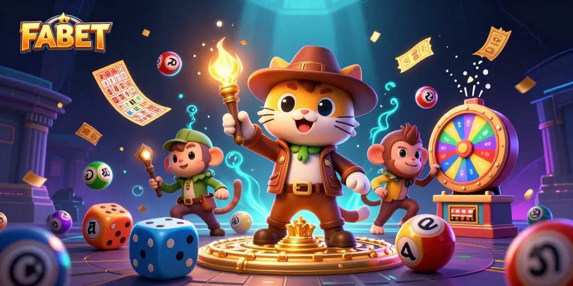 FABET illustrates a cat archaeologist showcasing a golden casino artifact in a vibrant gambling scene.
