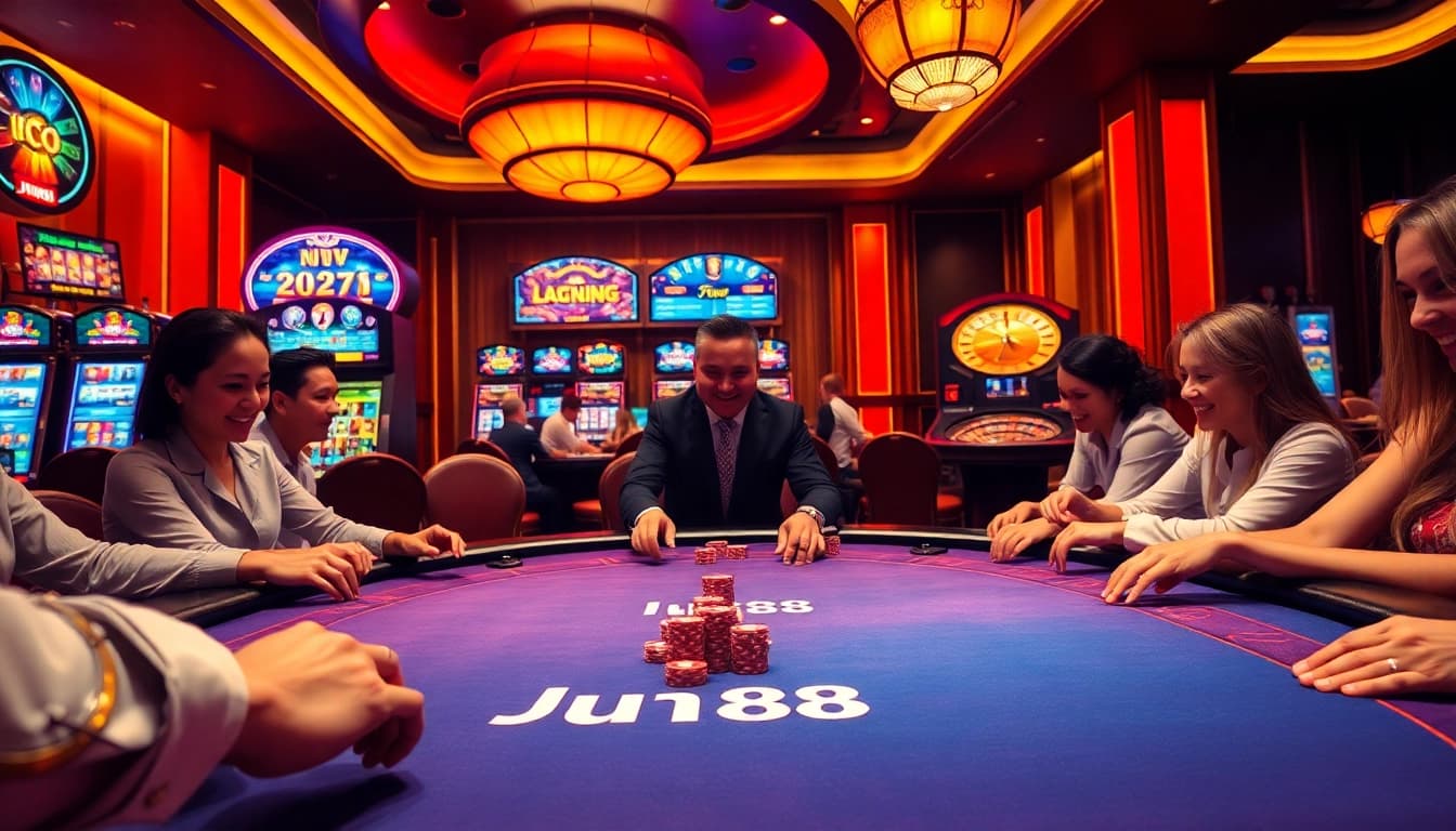 Jun88 casino players enjoying a game of poker with vibrant atmosphere and luxurious surroundings.