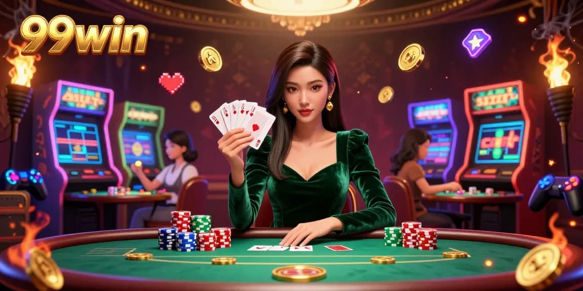 Play poker with strategies at 99win, featuring a stunning Asian dealer, vibrant casino elements.