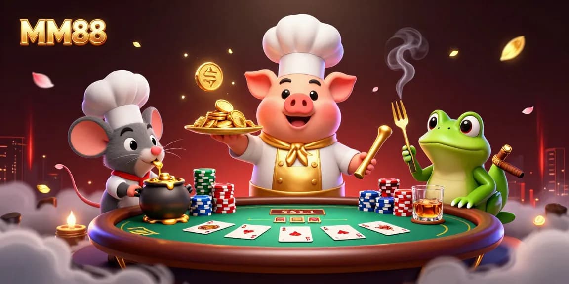 MM88 highlights a chef pig serving gold coins, jazzing up the poker scene with vibrant energy.