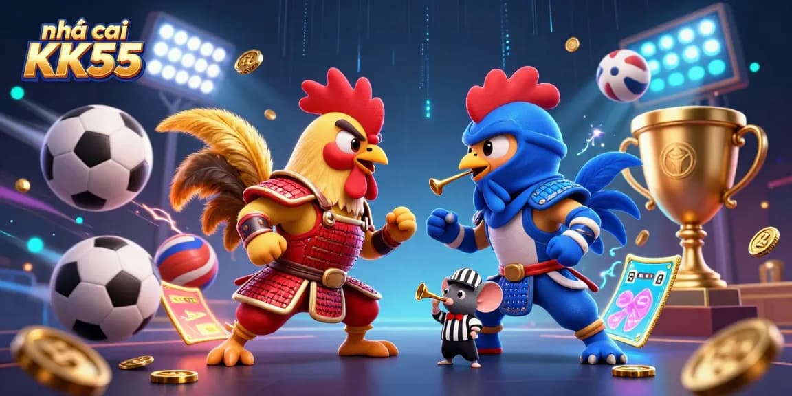 Engage with nhà cái KK55, witnessing a dramatic clash of roosters amidst vibrant sports betting elements.