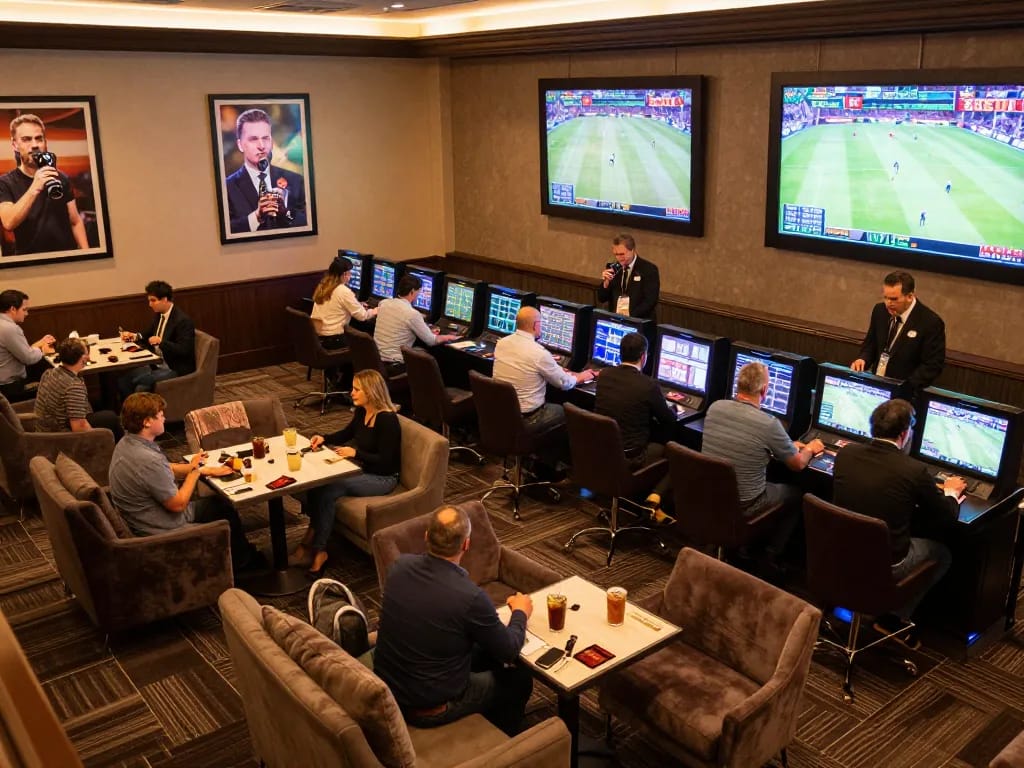 Excited patrons engaging in sports betting at tylekeonhacai88, surrounded by live game displays and inviting lounge