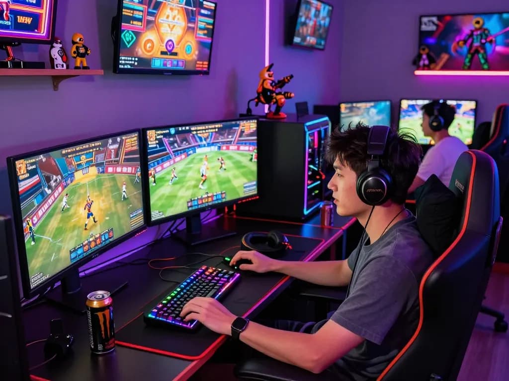 Exciting online gaming workspace featuring bem88, colorful gaming setup with monitors and collectibles.