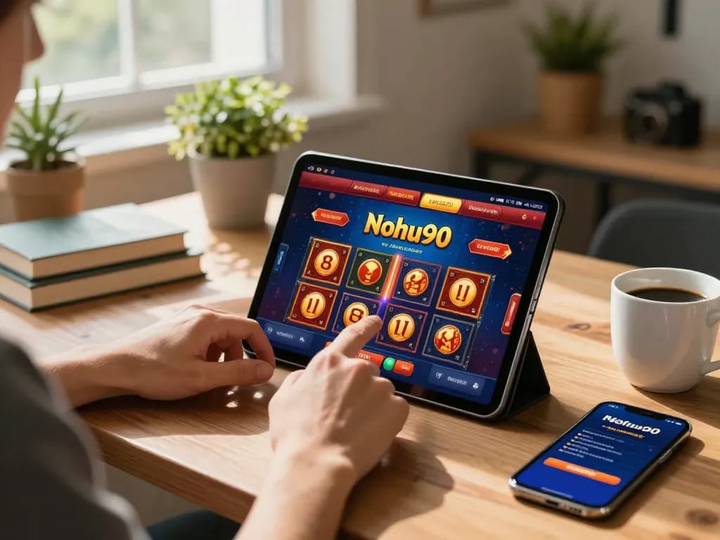 Nohu90 player engaging in online gaming on a tablet in a cozy home setup with personal touches.