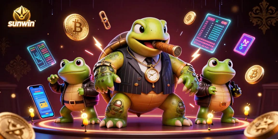 Sunwin showcases a vibrant casino experience with a snapping turtle in a suit, highlighting crypto coins.
