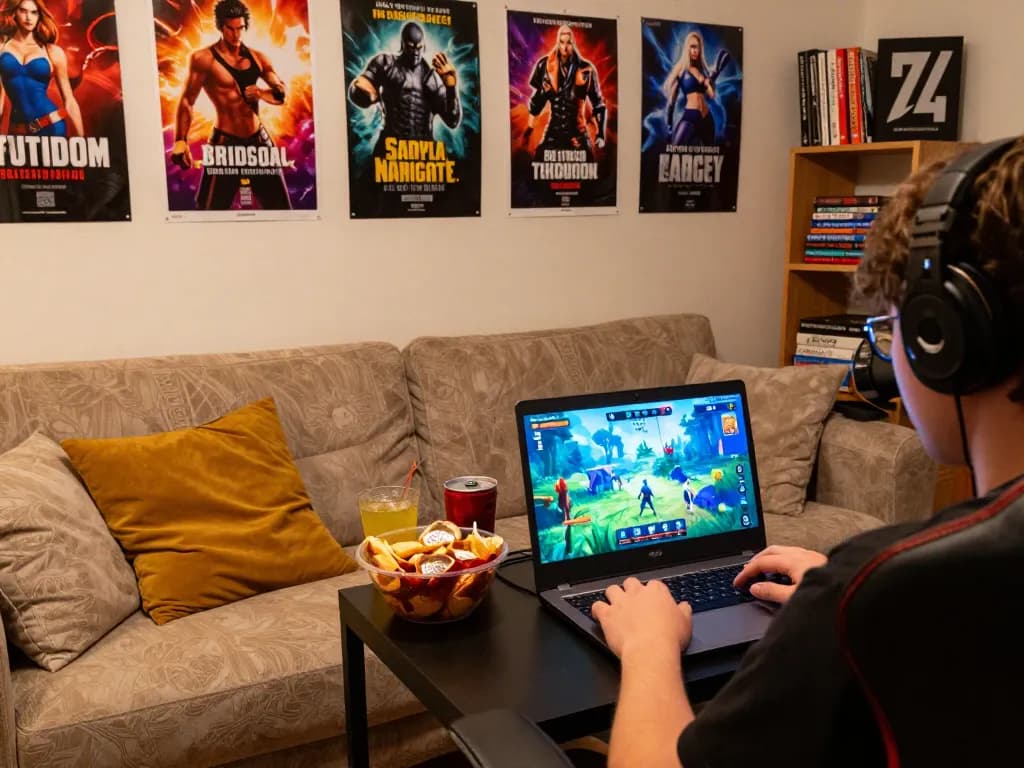 Exciting scene of a person engaged with popular porn games on a laptop, showcasing a cozy and inviting gaming environment.