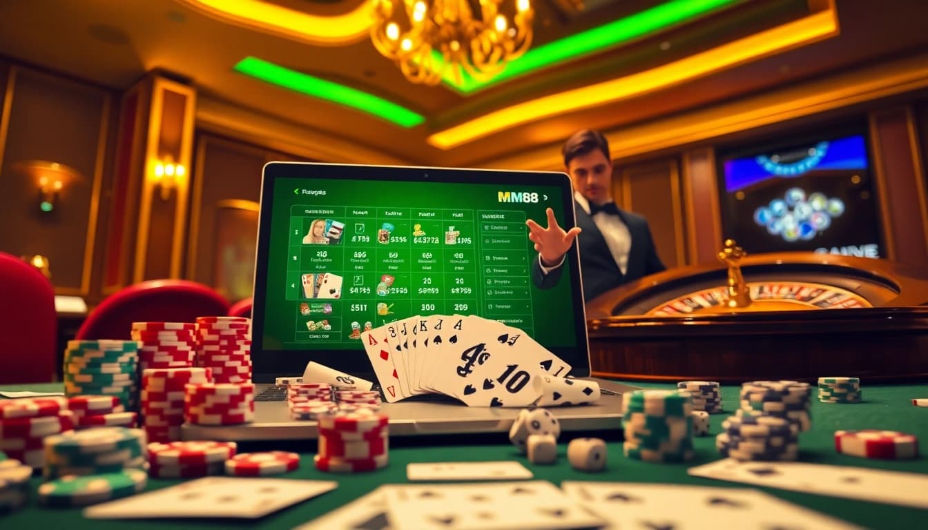 Experience excitement with MM88 as you play casino games surrounded by vibrant chips and cards.