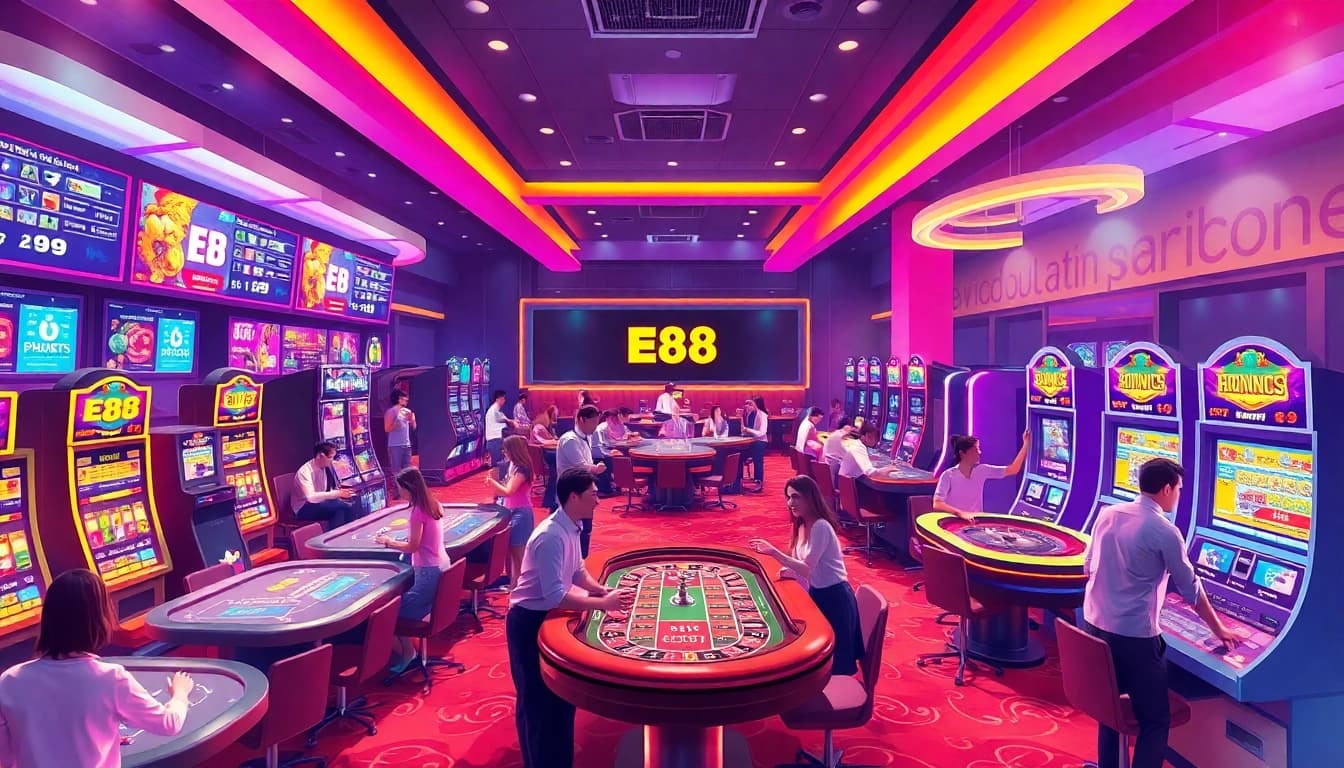 E88 casino vibrant atmosphere with players enjoying various games including slots, blackjack, and live betting.