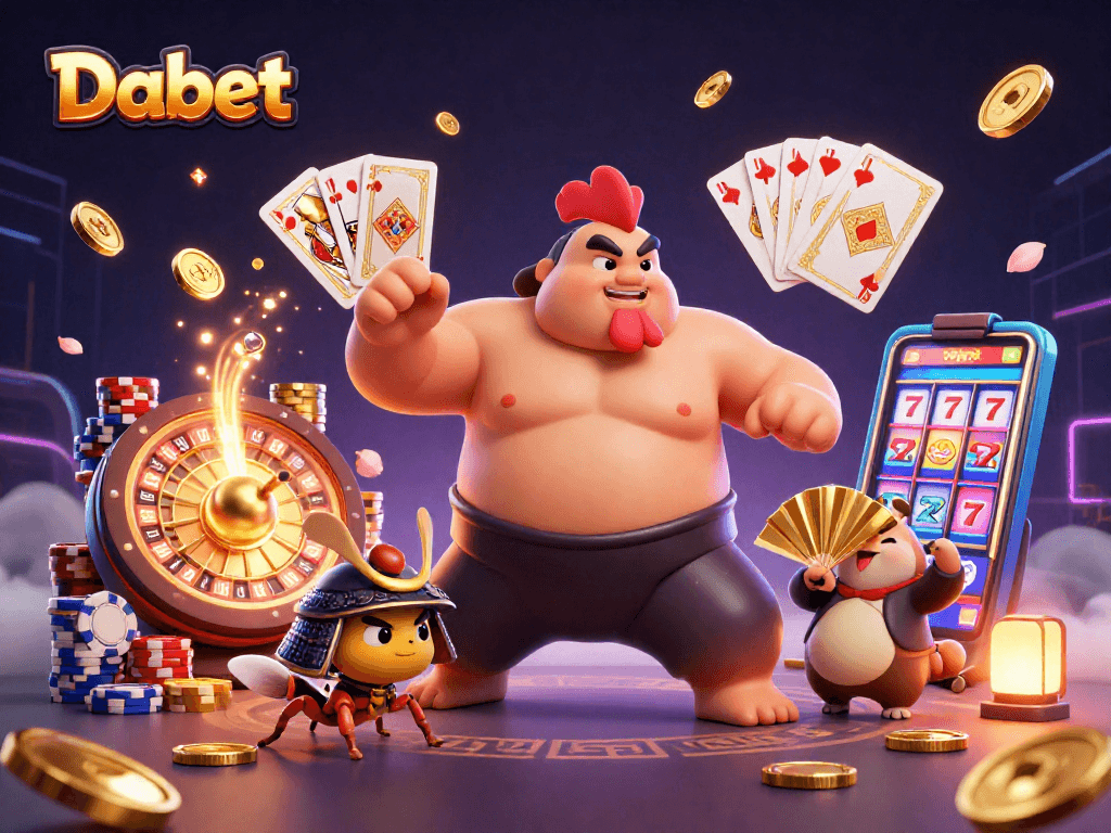 Dabet showcases a powerful sumo rooster with casino elements in an energetic digital illustration.