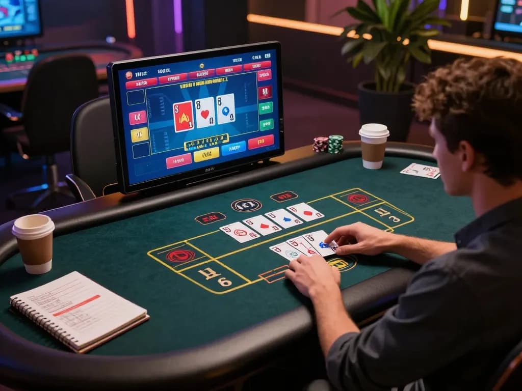 Nk88 player engaged in live dealer game on tablet, showcasing thrilling online gambling experience.